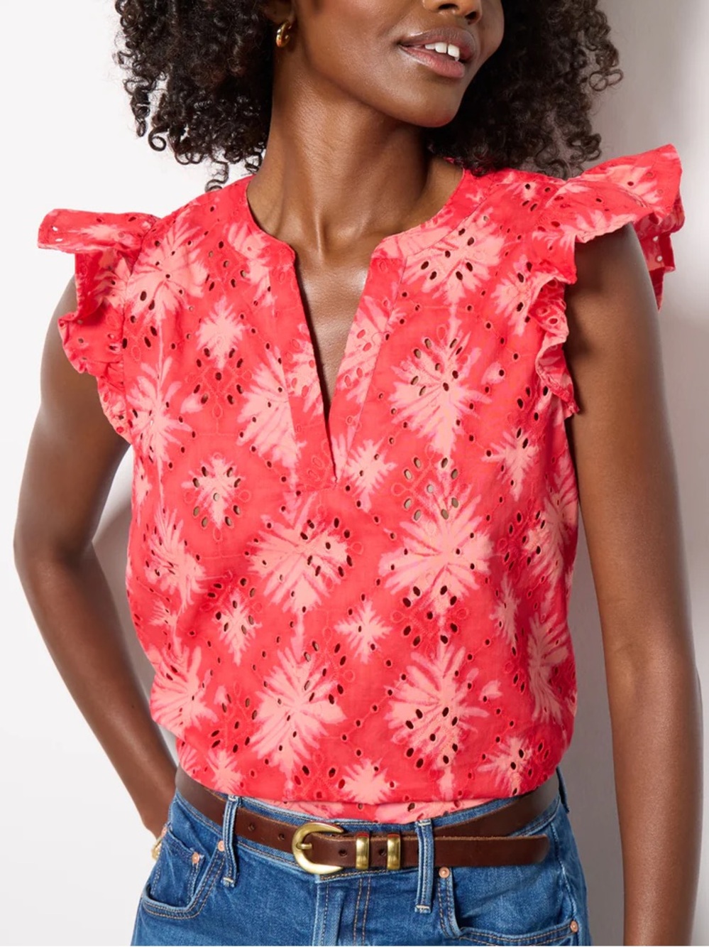 Evereve Nadia flutter top 100% cotton pink tie dye eyelet top blouse size small
